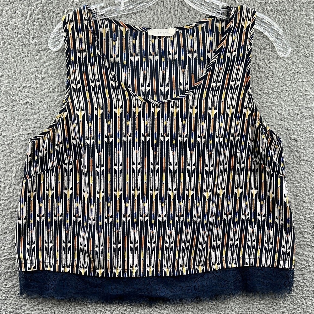 Womens Blouse L Abstract Geometric Ikat Lace Trim Boho Artsy Eclectic Statement